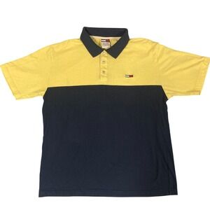 Tommy Jeans Mens XL Vintage Colorblock Polo Shirt Yellow Navy Blue 100% Cotton